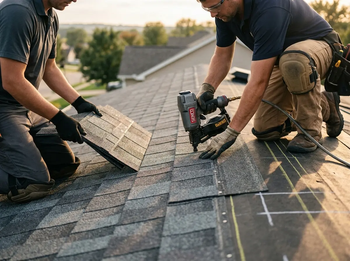 Professional roofer working on a residential roof in Texas City